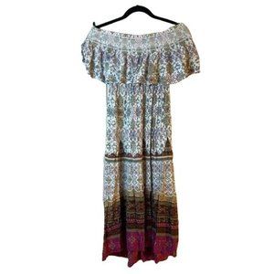 Patrons of Peace Midi Dress XS Raspberry Blue Peasant Off Shoulder